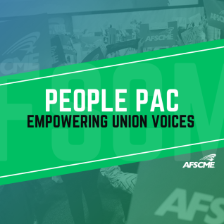 A green blue gradient action photo with the title that reads: PEOPLE PAC: Empowering Union Voices